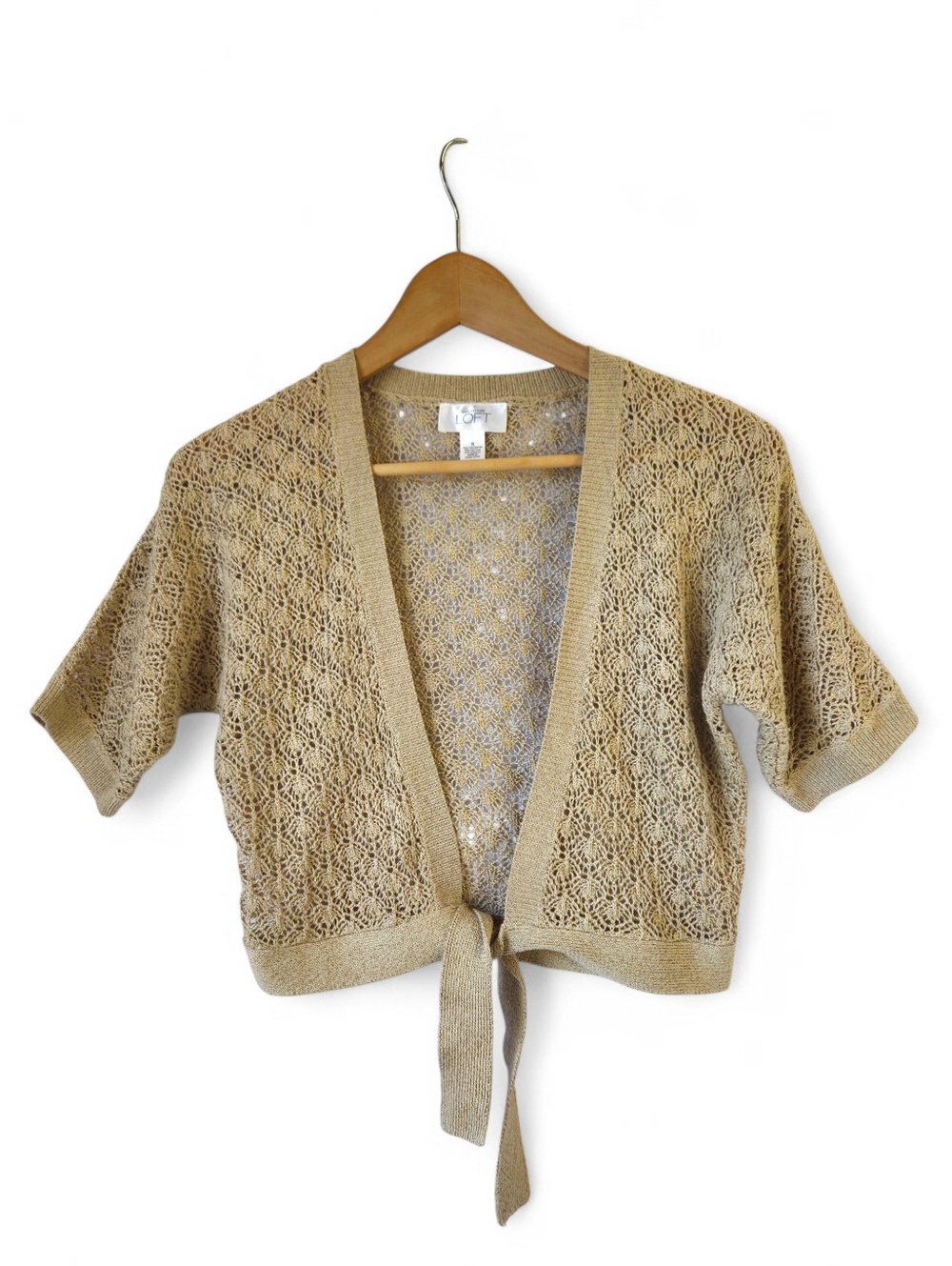Ann Taylor LOFT Tan Open Knit Cropped Tie-front Short Sleeve Sweater Size Small